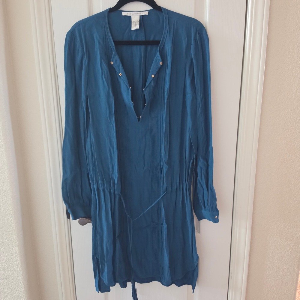 Diane von Furstenberg Teal Blue Pintuck Drawstring Waist Tunic Dress Size 6